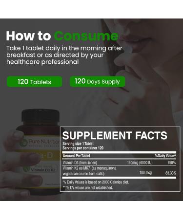 Pure Nutrition Vita D3 K2 - Plant Based Vitamin D3 K2 Supplement | 120 Tabs | Vitamin D3 6000 IU | Vitamin K2 as MK7 100mcg | Vitamin K2 D3 | Non GMO | - Buy Online on GoSupps.com