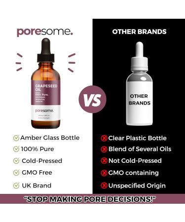 Poresome Grapeseed Oil - 100% Pure Cold Pressed Hexane Free Carrier Oil - For all skin & hair types - Vegan Cruelty & Fragrance Free - UK Made - 50ml - Buy Online on GoSupps.com