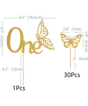 One Butterfly Cake Toppper Set - Gold One Butterfly Cake Topper and 30 Cupcake Topper For 1st Birthday Party Decoration Gold Glitter Baby Shower Party Cake and cupcake Decoration Supplies Gold01 - Buy Online on GoSupps.com