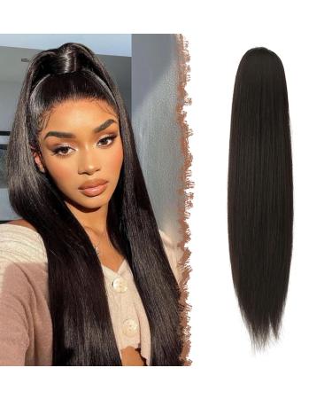 Feshfen ponytail extensions with cord strain long straight braid cord strip ponytail hair stretching hair extensions synthetic drawstring ponytail extension for women 60 cm darkest brown brown 4#-cord strain-60 cm 60 cm (1 Pack)