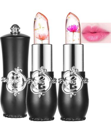 Crystal Flower Jelly Lipstick,Magic Color Changing Lipsticks,PH Clear Temperature Color Changing Lip Gloss Lip Balm,Long Lasting Nourishing Moisturizing Lip Stick Set Flower Black -01&02