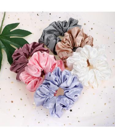 6-Piece Oversized Satin Hair Tie Set - Soft Silk Elastic Ponytail Holders for Girls in Champagne White Silver Gray Light Pink Bean Red Light Blue - Buy Online on GoSupps.com