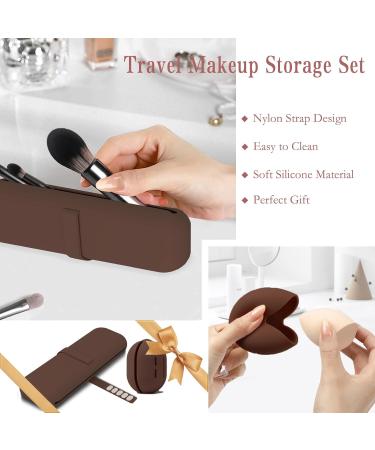 Travel Essentials Makeup Bag Set - Silicone Brush Storage & Beauty Blender Case - Easy to Clean Soft & Portable (Brown) - Buy Online on GoSupps.com