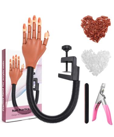 LIONVISON Acrylic Nail Hand Practice-Flexible Movable Practice Hand for Acrylic Nails-Fake Nail Training Hand Nail Manicure Practice Tool with 200PCS Nail Tips and Clipper File for Beginners Set B