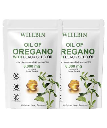 Willbin 2 in 1 6000mg Oil of Oregano with Black Seed Oil 200mg Softgels Extra Strength Oil of Oregano Supplement Non-GMO Dairy Free Gluten Free Organic Oregano Oil 300 Softgels (2)