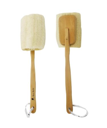 Bleu Bath (2 Pack) Exfoliating Loofah Back Brush Dry Body Brush in 100% Natural and Organic Luffa with Long Wooden Handle Fixed Scrubber Brush for Men and Women or Even Sensitive Skin