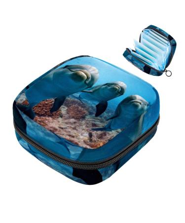 Menstruation pad bag with zipper women's napkin bag tampons collection bags for women and girls (dolphin while looking at them from the ocean)