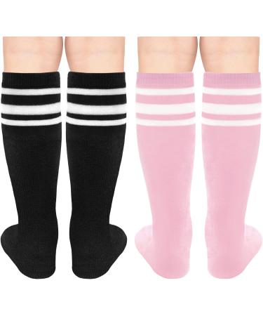 Olreco Toddler Soccer Socks - Kids Knee High Tube Socks with Stripes 3-6 Years - 2 Pack Black/White Pink/White - Buy Online on GoSupps.com