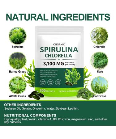 Tiuedu Spirulina Chlorella Softgels 300 Capsules 17 in 1 Green Nutrient Blend Spirulina Chlorella Softgels Rich in Plant Protein Vitamins Chlorophyll Easy to Take Softgel - Buy Online on GoSupps.com