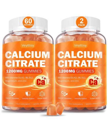 Calcium 1200 mg with Vitamin D3 Supplement for Adults - Calcium Gummies with 5000iu Vitamin D3, K2, B6, B12, Magnesium & Zinc - Calcium Supplement for Women Men - Easy to Digest, Vegan Orange 60 Count (Pack of 2)