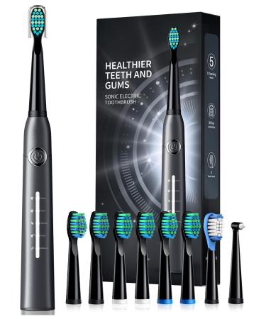 Electric Toothbrush Sonic Toothbrushes with 8 Brush Heads 40000 VPM 5 Modes Sonic Toothbrushes Fast Charge 4 Hours Last 30 Days (Silver Grey)
