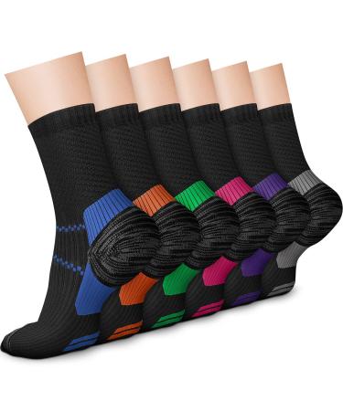 CHARMKING 6 Pairs Crew Compression Socks for Women & Men Circulation 15-20 mmHg is Best for All Day Wear Running Nurse Large-X-Large 03 Black-blue/Green/Orange