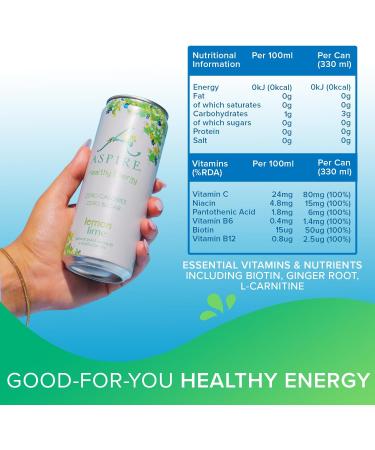 ASPIRE Healthy Energy Drink 12 x 330ml Cans - Zero Calories, Zero Sugar, Plant Based Caffeine & Multivitamins - Vegan & Gluten Free (Lemon/Lime) - Buy Online on GoSupps.com
