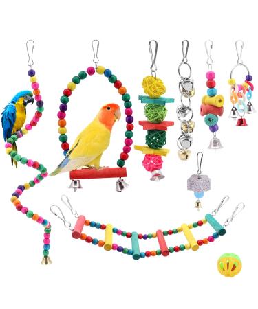 Seahelm's parrot toys bird cage toys bird chewing natural wood hammock bell bird cage swing for nymphic finches small parasol and aras colorful 8 pieces