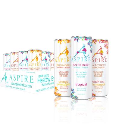 Aspire Healthy Energy, Tropics Variety, Sugar Free Energy Drink, 12 oz Cans, 80 mg of Natural Caffeine, Zero Sugar, Sparkling Caffeinated Drink, Natural Energy with Vitamins B & C, Keto Drink, Vegan and Kosher Friendly (12 Pack) Tropic Variety 12 Pack (12