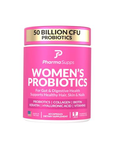 Advanced Women's Probiotics for Gut Health with Hair Skin & Nails Vitamins Support - 50 Billion CFU w/Collagen Biotin & Keratin - Probiotic Supplement for Digestive Health & Bloating Relief. 1 Pack (60 capsules)