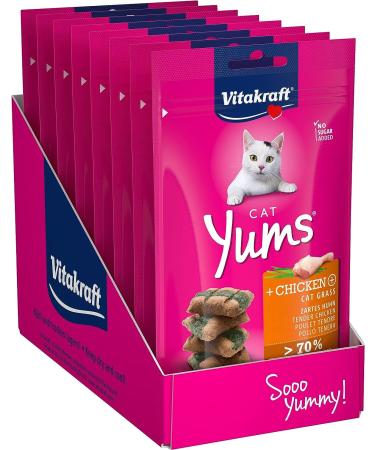 Vita power cat yums cat snack with delicate chicken with cat grass extra meaty with filling in stock size without adding sugar and grain (9x 40g) chicken + cat grass