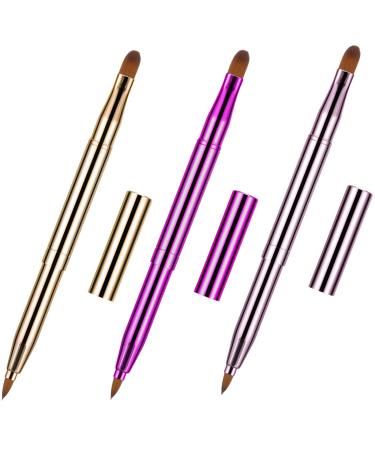 Dual End Lip Brush Concealer Brushes 3 Pieces Retractable Lipstick Eyeshadow Foundation Makeup Brush Tool Applicators Set (Gold, Purple, Bright Pink)