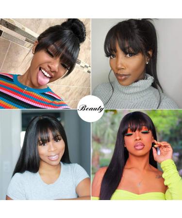 Lzlefho Silky Brazilian Virgin Straight Human Hair Wig with Bangs - 16 Inch Natural Black, 130% Density, None Lace Front, Glueless Machine Made for Black Women - Buy Online on GoSupps.com