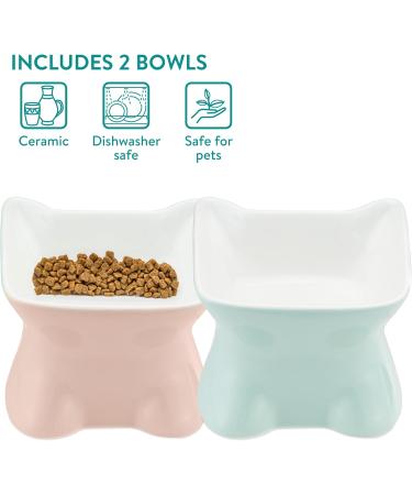 Navaris Raised Ceramic Cat Bowls (Set of 2) - Elevated Food and Water Bowl Pack for Cats - Cute Kitty Shaped Dishes with Ears - Dishwasher Safe - Green/Peach - Buy Online on GoSupps.com