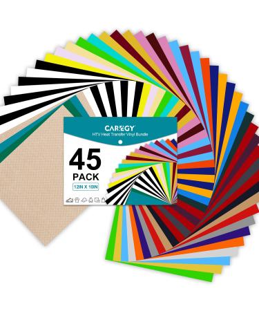 CAREGY HTV Vinyl Bundle Heat Transfer Vinyl 12x10 - 45 Pack Includes 30 Pack Assorted Colors Sheets and 2 Sheets Teflon Iron On Vinyl for DIY T-Shirts Fabrics 45Colors - Buy Online on GoSupps.com