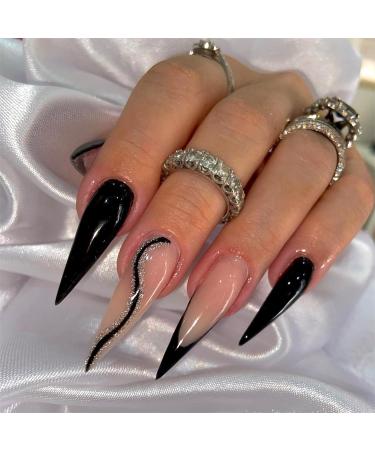Black French Tip Nails Press on Extra Long Stiletto Acrylic Fake Nails Glitter Wavy Lines Glue on Nails Mirror Reusable Stick on Nails for Women DIY Manicure Decoration