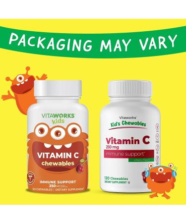 VitaWorks Kids Vitamin C Chewable Tablets 250mg - Natural Cherry Flavor - Vegan & Gluten-Free - Immune Support for Children - 120 Chewables - Buy Online on GoSupps.com