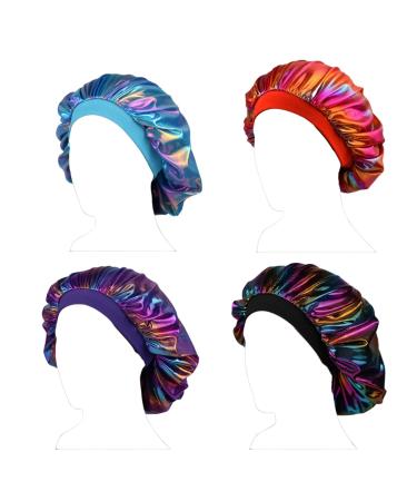 Deepth 4 Pieces Satin Sleep Cap Satin Bonnet Night Head Cover Sleeping Soft Hair Turbans for Women and Girls Holographic 4