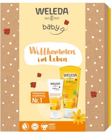Weleda Bio Baby Gift Set - Baby Care Natural Cosmetics Gift Box with Calendula Diaper Wound Protection Cream & Waschola Shower Gel.Optimal care set for daily care for babies & toddlers