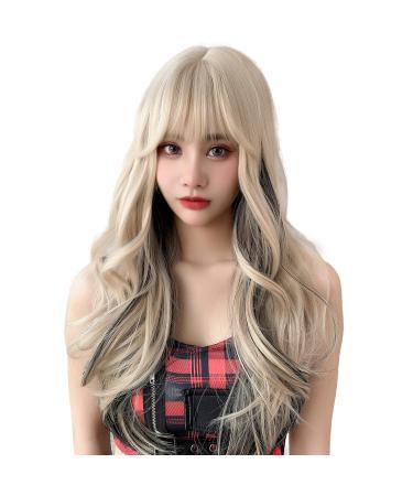 Lotfon24 Inches Blonde Blend Black Long Wavy Wig with Bangs for Women Synthetic Heat Resistant Hair  Natural Cute Wigs for Shooting Video/Halloween/Dating/Party/Outdoor/Cosplay Use Blonde Mix Black