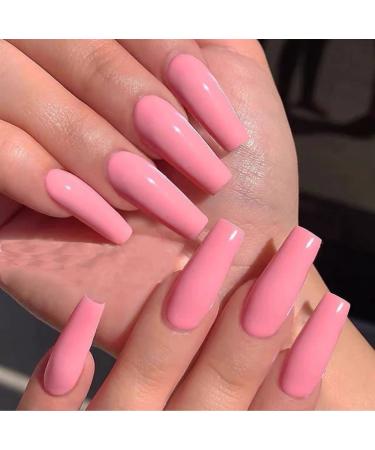 Brishow long artificial nails ballerina false nails pure color acrylic press full cover stick on the nails 24 pieces for women and girls (pink)
