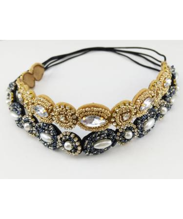 Yueton Handmade Crystal Rhinestone Beads Headband Set - Navy Blue + Gold | Women's Elastic Hair Accessories (Pack of 2) - Buy Online on GoSupps.com