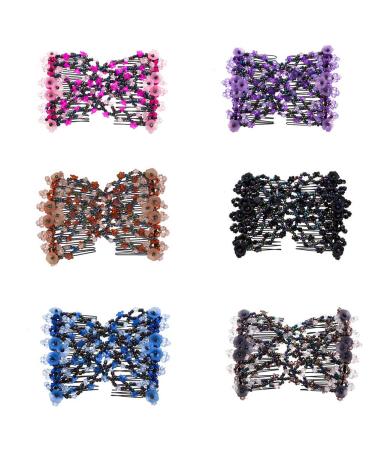 Lovef 6 Pcs Effortless Beauty Stretchable Double Combs Upzing Medium Magic Beaded Double Hair Clips Hair Jewelry Assorted Color and Design
