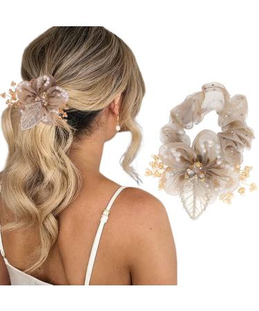Brinie Flower Hair Scrunchies Pearl Champagne Hair Ties Elastic Hair Bands Bead Rhinestone Ponytail Holder Stretchy Hair Rope Ties Hair Accessories for Women and Girls (Type a)