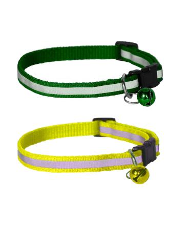 Prime Options Reflective Cat Collar with Bell for Pets (Cats, Dogs, Small Animals) - Durable Polyester by 4 Your Pet Green, Yellow