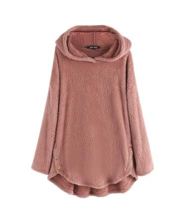 Bigfanshu Womens Sweaters Solid Fleece Asymmetrical Button Hem Plus Size Hoodie Top Sweater Blouse Pink