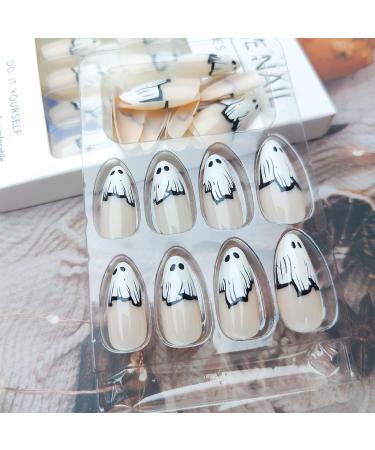 Halloween Press on Nails - Medium Almond Ghost Design | Cute Glue-on Acrylic Nails for Women & Girls | 24Pcs Full Cover French Tips - Buy Online on GoSupps.com