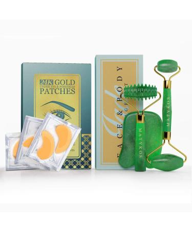 Matykos Complete Skincare Routine - 3 in 1 Jade Roller for Face and Gua Sha Set and 13 x 13 Under Eye and Forehead 24K Gold Patches