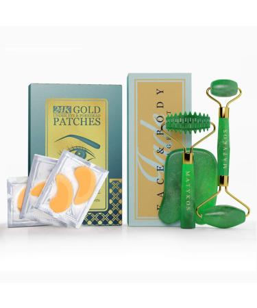 Matykos Complete Skincare Routine - 3 in 1 Jade Roller for Face and Gua Sha Set and 13 x 13 Under Eye and Forehead 24K Gold Patches - Buy Online on GoSupps.com