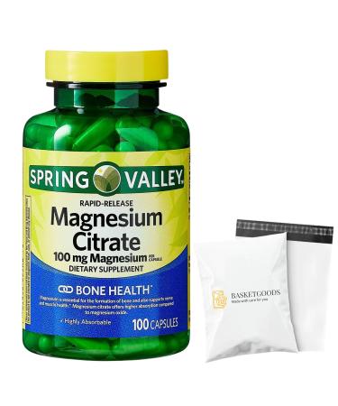 Spring Valley Magnesium Citrate | Citrato de Magnesio 100mg Capsules | Best Magnesium Supplement for Women | Magnesium Pill | 100 mg 100 Capsules - Set by Basket Goods
