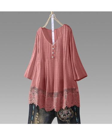 Angxiwan Plus Size Pink V Neck Button Blouse | 3/4 Sleeve Lace Hem Tunic Top XXL - Buy Online on GoSupps.com