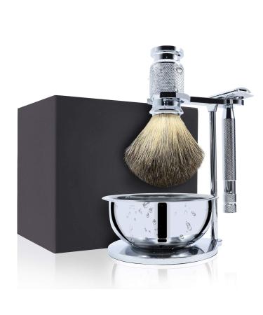 Jolitac Wet Shaving Kit For Men - Badger Hair Shaving Brush Shaving Stand Stainless Steel Shaving Bowl Mug Double Edge Safety Razor Men's Safety Razor Grooming Gift Set (Silver)
