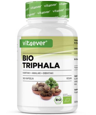 Triphala bio - Haute dose de 2000 mg (500 mg par g lule) - 365 g lules - Poudre de Triphala de l'Inde : Haritaki Amalaki Bibhitaki - Sans additifs - Vegan 500mg