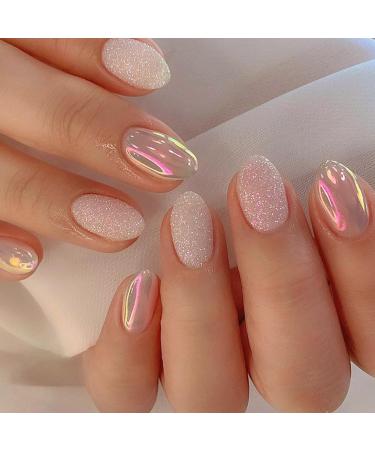 24Pcs Short Oval Press on Nails Almond Fake Nails with Aurora Glitter Designs Full Cover False Nail Nude Acrylic Nails Press Ons Reusable Glue on Press Nails for Women Fingernails Decor