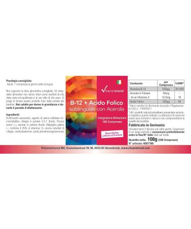 Vitamin B-12 + Sublingual Folic Acid - 180 Tablets with 500 g Vitamin B12 100 g Folic Acid and Acerola (25% Vitamin C) - High Dosage - Supplements from Germany | Vitamintrend - Buy Online on GoSupps.com