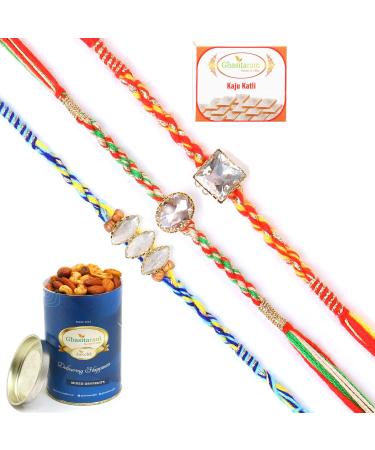 Ghasitaram Gifts Rakhi for Brother Rakhis Online - Set of 3 6300 6371 6400 Fancy Rakhis with 100 GMS of Dryfruits Mix Can 200 GMS of Kaju katli