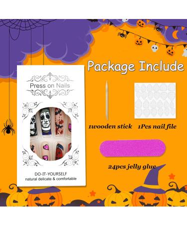 Extra Long Halloween Press on Nails - Pumpkin Ghost & Bat Design | Matte Nude Coffin Full Cover Fake Nails - 24 Pcs with Adhesive Jelly Glue - Buy Online on GoSupps.com
