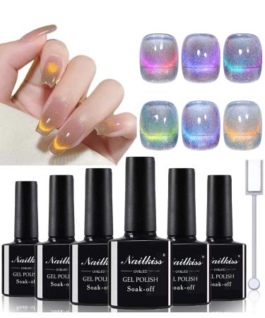 NAILKISS Crystal 9D Cat Eye Magnetic Gel Nail Polish  Glitter Shiny Transparent Cat Eye Magnetic Gel Nail Polish Soak Off UV LED UV Gel Varnish Nail Art Design 6 Colors