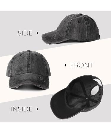 Womens Distressed Ponytail Baseball Cap | Cotton Dad Hat with Ponytail Hole | One Size | Black - Buy Online on GoSupps.com