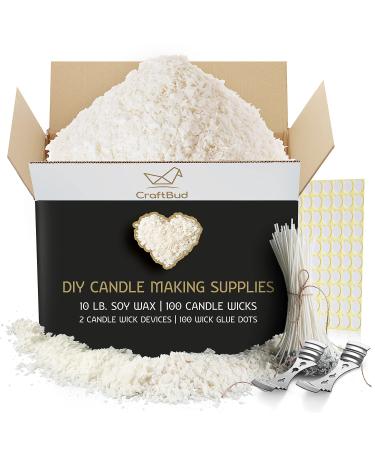 CraftBud Soy Candle Wax for Candle Making  Natural Soy Wax for Candle Making 10 lb Bag, Candle Making Wax, 10 Lbs. Soy Wax Flakes, 100 Candle Wicks, 100 Wick Stickers, and 2 Metal Centering Devices